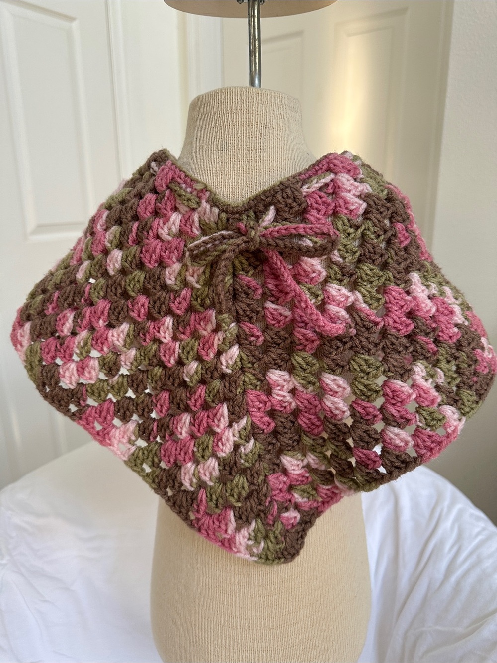 Handmade Pink & Brown Crochet Girl Toddler’s Poncho Cape With Tie Neck